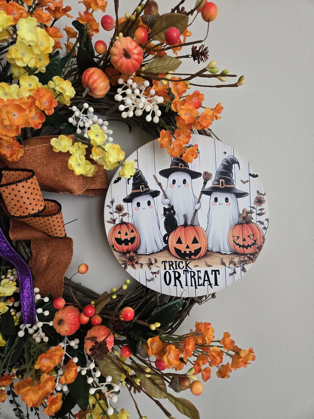 Autumn Harvest Halloween Wreath with Orange and Yellow Florals